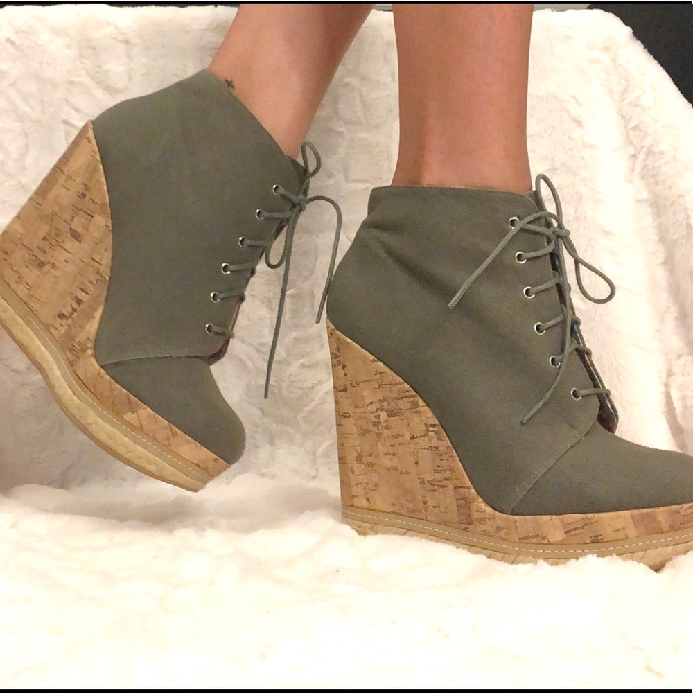 Green Canvas “Sidley” Wedge Booties